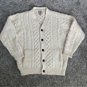 LL BEAN Cable Knit Cardigan Fisherman Wool Sweater Mens Medium Ireland Ivory